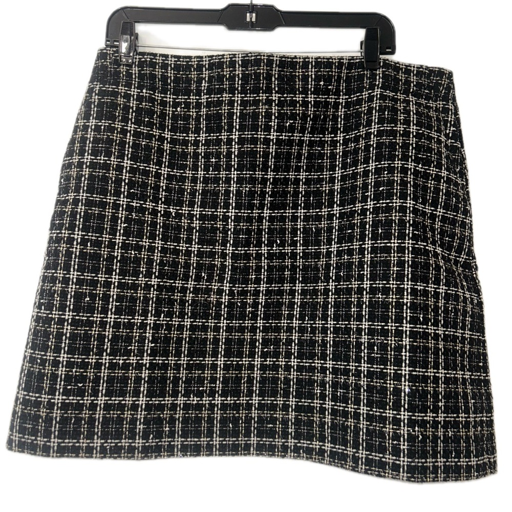 Loft Tweed Black Plaid Shimmer Mini Skirt with gold & white accents‎ Size 14